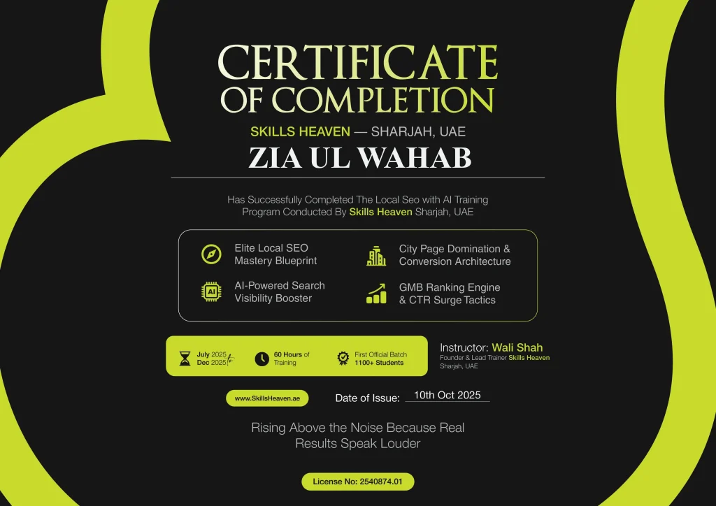 Local SEO Certificate Awarded by Skills Heaven to Zia Ul Wahab